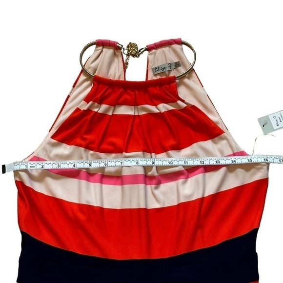 NEW ELIZA J Striped Pleated Halter Maxi Dress Gold Choker Closure Size 10 - Picture 12 of 15